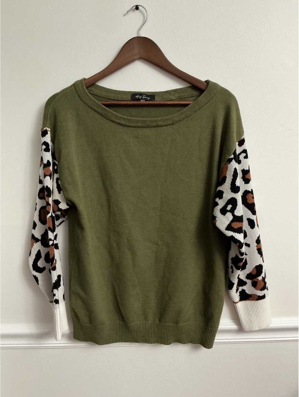 Hey Savvy oversized Olive Green Sweater with Leopard Print Sleeves, Size Small